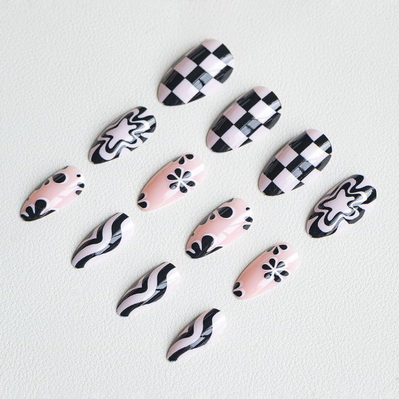 HJKDSFD 24Pcs Cute Press on Nails Short Almond Fake Nails Black and White Checkerboard Stick on Nail Glossy False Nails with Flower Curve Stripes Designs Reusable Acrylic Artificial Nails for Women Girls - Image 3